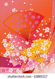 japanese fans, ribbons and cherry blossom flowers