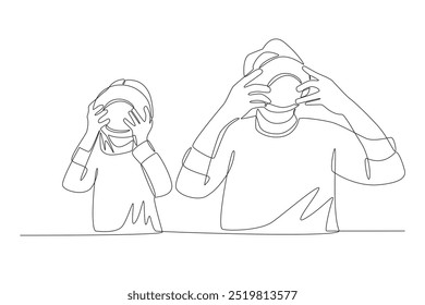 Japanese father and son sipping soup. Families in japan concept one-line drawing