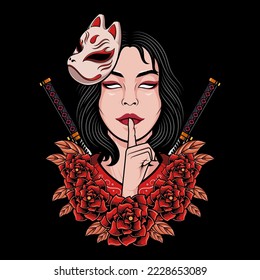 Japanese female geisha girl with flower and katana logo illustration