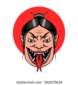 Japanese female geisha with snake tongue. Screaming Scary woman. Chinese Mythological or Asian symbol for tattoo or label. Engraved hand drawn line Vintage old monochrome sketch. Vector illustration.