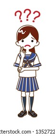 Japanese female high school student who has doubt something with three question marks -full length, line art
