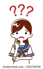 Japanese female high school student who has doubt something with three question marks -waist up, line art