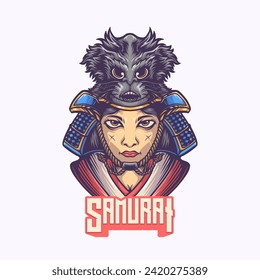 Japanese female samurai with animals vector illustration