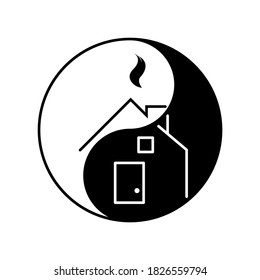 Japanese Feng Shui Logo For Business, New Brand, Home For Decoration Design. Black And White Sketch Creative Concept. Vector Line Art. House Icon. Outline Illustration. Isolated On White Background.