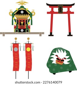 Material del festival japonés. Ilustración del torii, bandera del sol y la luna, mikoshi y danza del león