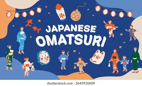 Japanese Festival Omatsuri Vector Illustration with People in Traditional Clothing