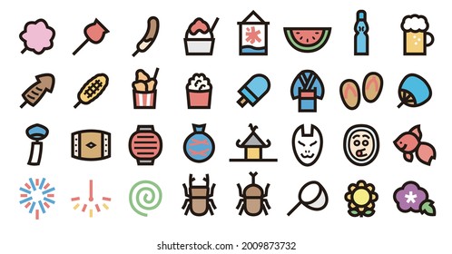 Japanese Festival and Summer Icon Set (Bold outline Color version)(Japanese translation:Ice)