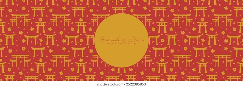 Japanese Festive Holidays Celebration Vector Seamless Pattern torii gates texture in red and golden colors. Traditional pattern for decorative elements in temples and shrines. 