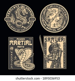 Japanese fight academy vintage prints with koi carps snake fantasy dragon and samurai warrior in armor with katana sword isolated vector illustration. Japan translation - Samurai, Warrior, Power