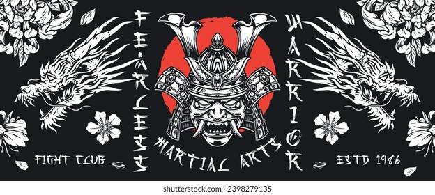 Japanese fight club banner colorful with samurai head and dragons faces near rising sun and flower petals vector illustration