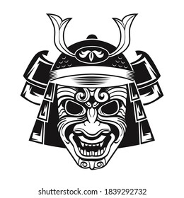 Japanese fighter in black mask. Japan traditional warrior. Vintage isolated vector illustration. Military art and design elements concept