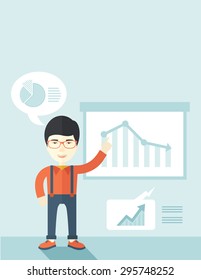 A japanese finance officer with his presentation that shows in a graph the arrow from top going down. A contemporary style with pastel palette soft blue tinted background. Vector flat design
