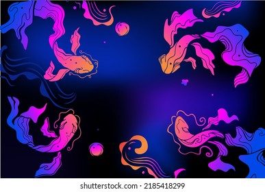 Japanese fish abstract vector design silhouette. Fish  seaweed. Water bubble hand drawn.Waves background gradient cosmic.Mystic animal