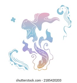 Silueta de diseño vectorial abstracto de peces japoneses. Algas marinas de peces. Hechada mano de burbuja de agua.Olas bajo el agua   mar. naturaleza floral carpa acuática.doodle de pegatinas orientales zen