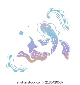 Japanese fish abstract vector design silhouette. Fish  seaweed. Water bubble hand drawn.Waves  isolated gradient pink color. Nature decor element carp Asia aqua sakura underwater