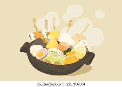 Japanese fish cake stew hot pot or Oden. Traditional food in Japan. Illustration for Japanese eating culture, street food, Japanese cuisine. Flat vector illustration for restaurant decoration.