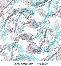  Japanese fish carp koi seamless pattern swimming. Hand drawn.