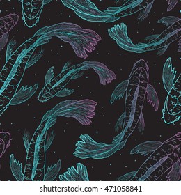  Japanese fish carp koi seamless pattern swimming. Hand drawn.