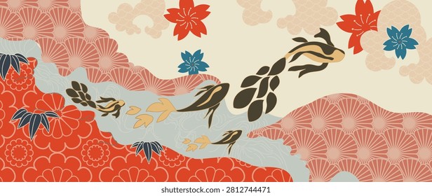Japanese fish and floral pattern vector. Swimming fish, cherry blossoms, bamboo leaves and traditional geometric motifs in coral, pink and beige for fabric, wallpaper and packaging.