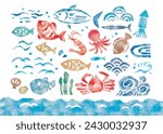 Japanese fish seafoods watercolor like woodcut