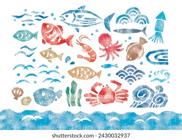 Japanese fish seafoods watercolor like woodcut svg