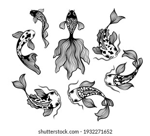 Japanese fish set, carp koi line drawing vector illustrations. Asian hand drawn waves isolated on white