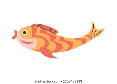 Japanese fish toy icon. Red yellow inhabitant of sea, underwater. Toy, mascot or talisman. Graphic element for printing on fabric. Sticker for social networks. Cartoon flat vector illustration