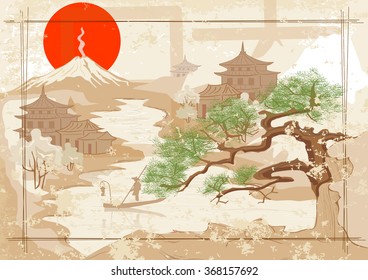 Japanese fisherman on the river. Mount, village, sunset.