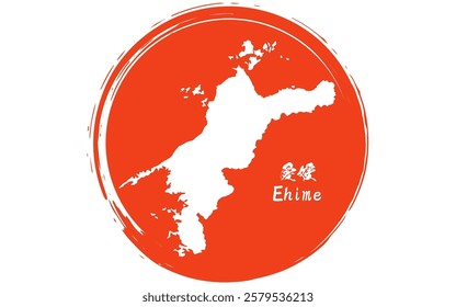 The Japanese flag with brushstrokes of the rising sun and map of Ehime prefecture, Japan Region, Vector Illustration