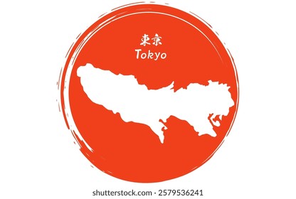 The Japanese flag with brushstrokes of the rising sun and map of Tokyo prefecture, Japan Region, Vector Illustration