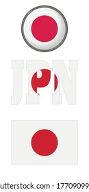 Japanese flag icons on a white background. Vector image: flag of Japan, the button and the abbreviation. You can use it to create a website, print brochures, booklets, leaflets, and travel guides.