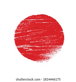 Japanese flag symbol of rising sun. Red circle in grunge style on white background.