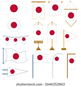 Japanese flag in various styles such as triangular, rectangular, hanging flag, flagpole