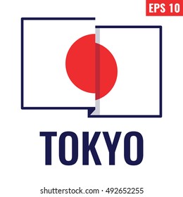Japanese flag with word Tokyo - the capital of Japan. Flat vector icon design illustration on white background. For those who learn language in school or in courses. For tourism.