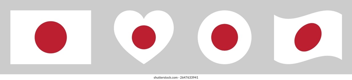 Japanese flags set in square, heart, circle and waving formats designs element. Japan flags collection. Set of Japan flags icons isolated on gray background. Vector illustration.