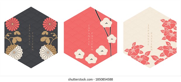 Japanese floral background vector. Asian icons and symbols. Vintage traditional template design. Abstract pattern and template. Geometric icon and logo design set.