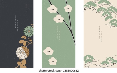 Japanese floral background vector. Asian banner. Vintage traditional template design. Abstract pattern and template. Floral card set with hand draw tree element.