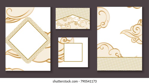 Japanese floral pattern brochure layout, business card template or background in trendy minimalistic geometric style, chinese eastern ornament, trendy vector fashion invitation, poster, cover