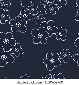 Japanese Floral, Seamless Pattern With Oriental Motifs. Indigo Vector For Fabric And Furoshiki Gift Wrap, Kimono, Paper, Home Decor. 