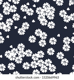 Japanese Floral, Seamless Pattern With Oriental Motifs. Indigo Vector For Fabric And Furoshiki Gift Wrap, Kimono, Paper, Home Decor. 