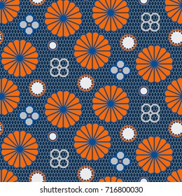 Japanese floral vector seamless pattern in blue and orange mesh color style. Japan inspired chrysanthemums blossom garden texture design.