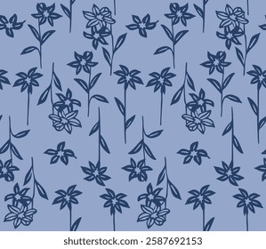 Japanese Flower Branch Line Vector Seamless Pattern