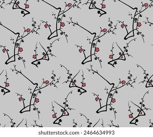 Japanese Flower Branch Vector Seamless Pattern