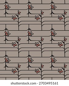 Japanese Flower Brick Line Vector Seamless Pattern
