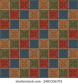 Japanese Flower Checkered Vector Seamless Pattern