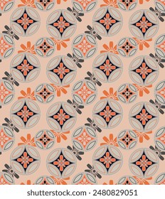 Japanese Flower Circle Vector Seamless Pattern
