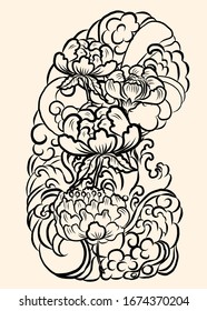 Japanese flower for coloring book.Vector illustration of Asian.Background design for tattoo idea.Peony and Chrysanthemum vector for ptinting on shirt.Stickers style.Chinese waves and clouds vector.