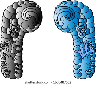 Japanese flower for coloring book.Vector illustration of Asian.Background design for tattoo idea.Peony and Chrysanthemum vector for ptinting on shirt.Stickers style.Chinese waves and clouds vector.