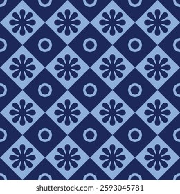 Japanese Flower Diamond Checkered Vector Seamless Pattern