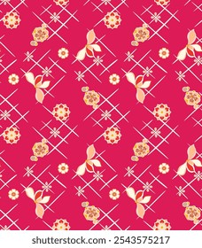 Japanese Flower Diamond Cross Line Vector Seamless Pattern